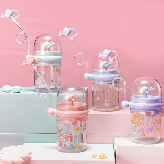 Whale Spouting Water Cup, Cute Fountain Cup For Elementary School Students And Babies, Anti-Fall Plastic Straw Cup For Kindergarten